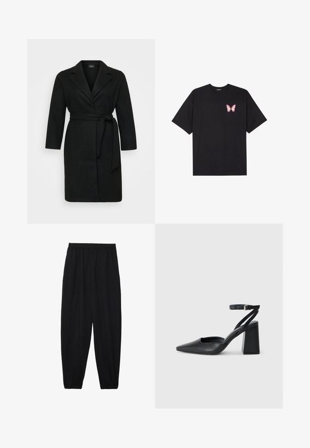 Schwarzer, wickelartiger Mantel mit einem Bindegürtel, langen Ärmeln und Reverskragen. Hergestellt aus weichem Stoff mit glatter Textur.; Schwarzes Baumwoll-T-Shirt mit kurzen Ärmeln, das ein kleines pinkes Schmetterlingsmotiv auf der linken Brust zeigt. Crewneck-Design mit einem entspannten Schnitt.; Schwarze, leichte Hosen mit einem elastischen Bund und gerafften Knöcheln. Der Stoff ist glatt und hat ein entspanntes, schmal zulaufendes Design.; Schwarze Leder-Pumps mit spitzer Zehe, einem Knöchelriemen und einem blockigen Absatz. Flache Textur, elegantes Design und minimalistische Ästhetik.