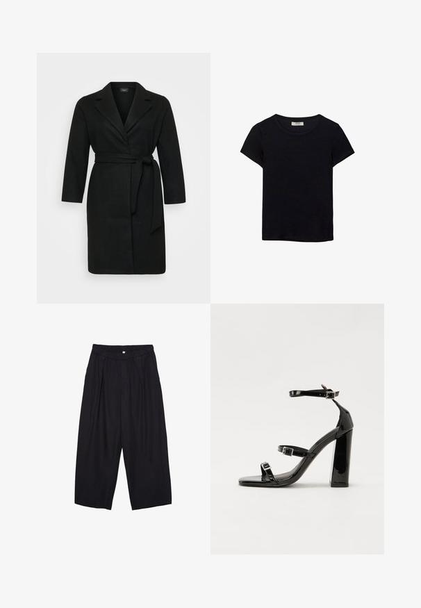 Cappotto avvolgente nero con colletto a rever, maniche lunghe e cintura da annodare in vita, caratterizzato da un tessuto testurizzato e design alla lunghezza del ginocchio.; T-shirt nero a maniche corte realizzato in tessuto morbido. Presenta un classico collo rotondo e una vestibilità rilassata. Nessun motivo o accento visibile.; Pantaloni culotte neri in poliestere con una cintura elastica, due pieghe frontali e una silhouette ampia. Nessun motivo visibile o dettagli in metallo.; Sandali con tacco in vernice nera, con punta squadrata, cinturini alla caviglia e fibbie in argento. Presentano un tacco a blocco spesso per maggiore stabilità.