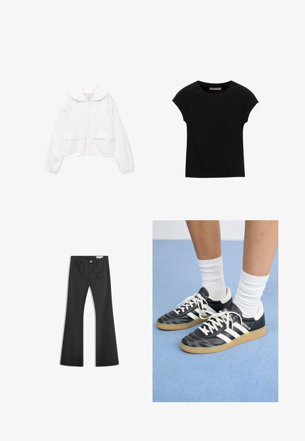 Giacca bianca corta con cappuccio, chiusura con zip, due tasche con bottone a pressione e polsini elasticizzati. Realizzata in tessuto leggero e testurizzato.; T-shirt nera a maniche corte realizzata in tessuto morbido, con scollatura rotonda e vestibilità comoda, caratterizzata da una texture liscia e senza pattern.; Jeans neri a campana realizzati in denim con una texture liscia, dotati di due tasche posteriori e chiusura con bottone in vita.; Sneaker in pelle nera con strisce bianche, punta rotonda, lacci bianchi e suola in gomma. Menzionate del collare imbottito e dettagli del marchio.