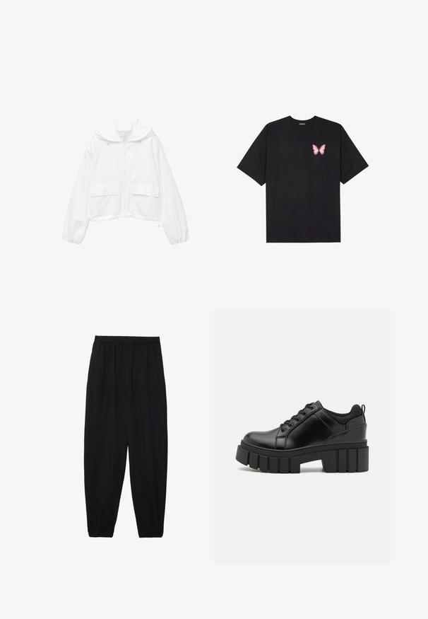 Biała krótka kurtka z kapturem, zapinana na zamek, z dwoma kieszeniami na zatrzask i elastycznymi mankietami. Wykonana z lekkiego, teksturowanego materiału.; Czarny bawełniany t-shirt z krótkim rękawem, z małym różowym motylkiem na lewej piersi. Klasyczny dekolt z luźnym fasonem.; Czarne, lekkie spodnie z elastycznym pasem i ściągaczami na kostkach. Materiał jest gładki i ma luźny, zwężany krój.; Czarne skórzane buty na platformie z masywnym słupkowym obcasem, okrągłym noskiem i klasycznym sznurowaniem. Posiadają gładką teksturę i minimalne wykończenia.