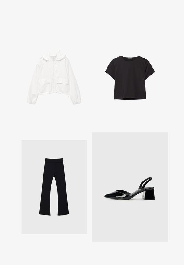 Veste blanche cropped avec capuche, fermeture éclair à l'avant, deux poches à bouton-pression et poignets élastiques. Fabriquée en tissu léger et texturé.; Crop top noir à manches courtes en tissu doux, avec un col rond et une coupe décontractée, présentant un ourlet propre.; Pantalons de yoga noirs avec une taille haute, fabriqués en tissu extensible, présentant un design à jambes évasées et une texture lisse partout.; Escarpins en cuir verni noir avec bout pointu et talon bloc géométrique. Présente un design élégant et minimaliste ainsi qu'une texture lisse.