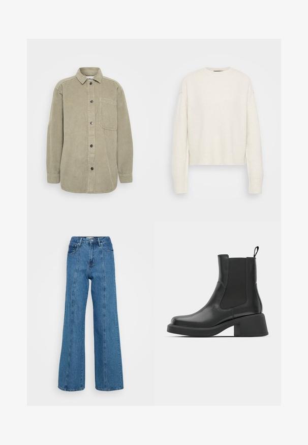 Πουκάμισο από καουτσούκ σε ελαιόφιλο χρώμα με κουμπιά μπροστά, αιχμηρό γιακά και τσέπη στο στήθος. Διαθέτει κάθετη ριγέ υφή και μαύρα κουμπιά.; Λευκό πλεκτό πουλόβερ με στρογγυλή λαιμόκοψη και χαλαρή σιλουέτα. Περιλαμβάνει ριμπ μανσέτες και τελείωμα, κατασκευασμένο από μαλακό υλικό με υφή.; Ανοιχτό μπλε ψηλόμεσα τζιν διαθέτουν φαρδιά σχεδίαση ποδιών, κατασκευασμένα από τζιν με υφή και λεπτομέρειες ραφής μπροστά.; Μαύρα δερμάτινα μποτάκια με ελαστικές πλευρικές πάνελ, στρογγυλή μύτη και chunky τετράγωνη φτέρνα. Λείος υφές με μινιμαλιστικό σχέδιο.