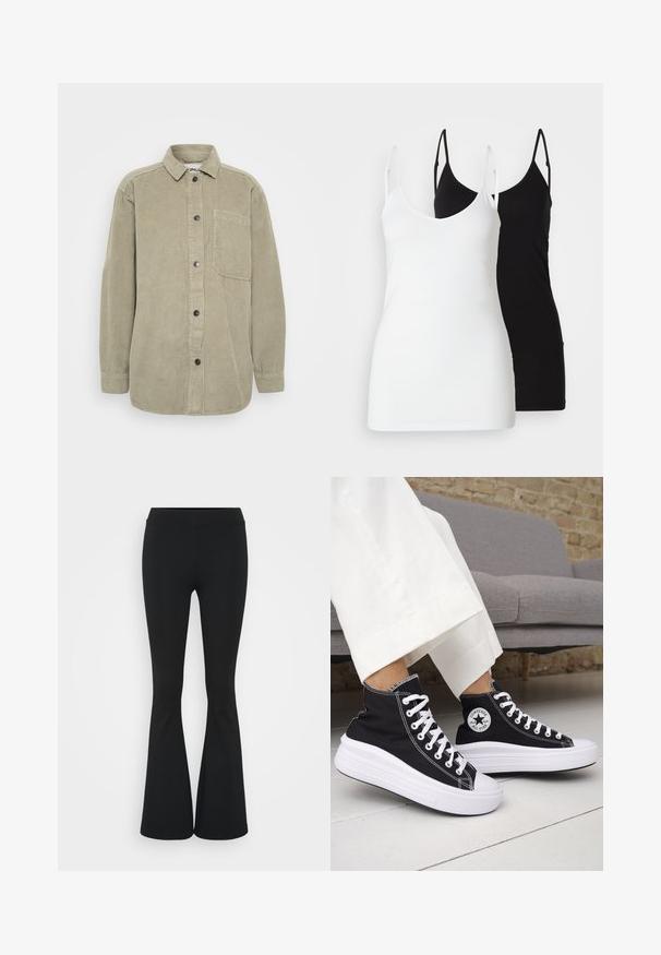 Hedvábná košile v olivově zelené barvě s knoflíkovým zapínáním, špičatým límcem a kapsou na hrudi. Obsahuje vertikální ribovanou texturu a černé knoflíky.; Dvě dámské tílka: jedno bílé a jedno černé, vyrobená z měkké látky, s tenkými ramínky a hlubokým výstřihem do V.; Černé zvonové kalhoty vyrobené z elastického materiálu, s vysokým pasem a hladkou texturou. Kalhoty se rozšiřují od kolene.; Černé vysoké tenisky s bílými gumovými podrážkami a tkaničkami. Mají kulatou nášivku s logem a kontrastní bílé prošití. Materiál plátno.