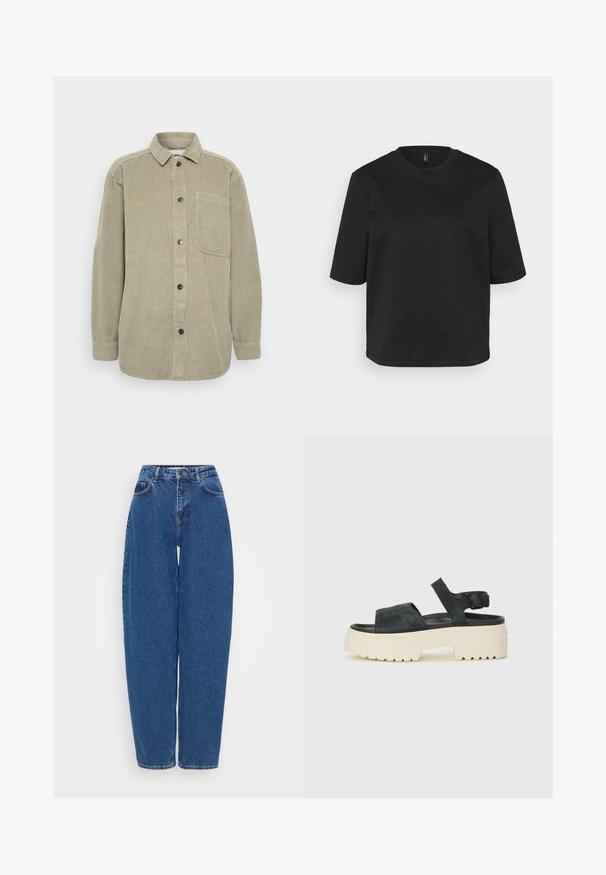 Corduroy shirt in olive green with a button-up front, pointed collar, and a chest pocket. Features vertical ribbed texture and black buttons.; Black crew-neck t-shirt made of cotton, featuring short sleeves and a relaxed fit. Smooth texture with no visible patterns or accents.; Blue denim jeans with a loose fit, high waist, and straight leg design. Features traditional stitching and five pockets.; Black suede platform sandals with a chunky white sole, wide front strap, and adjustable ankle buckle. Textured outsole for grip.
