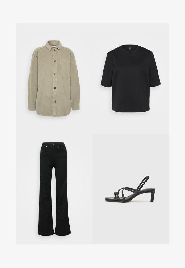 Hedvábná košile v olivově zelené barvě s knoflíkovým zapínáním, špičatým límcem a kapsou na hrudi. Obsahuje vertikální ribovanou texturu a černé knoflíky.; Černé tričko s kulatým výstřihem vyrobené z bavlny, s krátkými rukávy a volným střihem. Hladký povrch bez viditelných vzorů nebo akcentů.; Černé zvonové džíny vyrobené z denimu, s vysokým pasem, pěti kapsami a kovovým zapínáním. Hladká textura s minimálním zdobením.; Černé sandály na tenkém podpatku se čtveratou špičkou a nízkým blokovým podpatkem. Mají několik tenkých popruhů a nastavitelné zapínání okolo kotníku. Vyrobeny z hladké kůže.