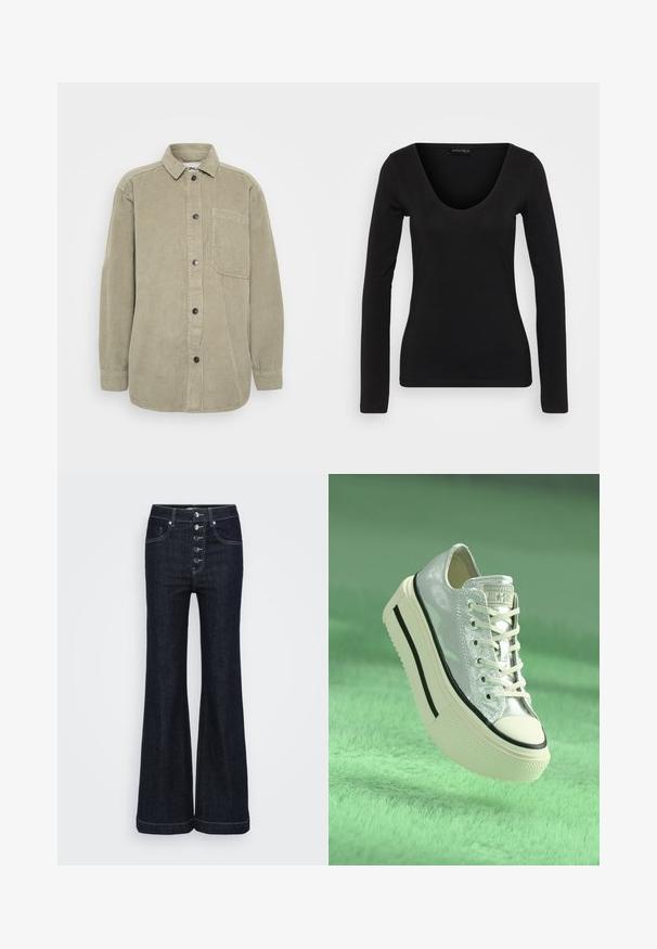 Olivza zaļa korduroja krekls ar pogu priekšpusi, punktveida apkakli un krūšu kabatu. Iezīmē vertikālu ribētu tekstūru un melnas pogas.; Melns garām piedurknēm krekls no mīksta auduma, ar dziļu V veida izgriezumu un pieguļošu siluetu, gludu tekstūru un minimālām šuvēm.; Tumši denima plaša džinsi ar augstu jostu, pieci priekšējie pogas un kontrastējoša balta šuvju šuvju un apakšmalas. Klasisks dizains.; Metāliski sudraba kedas ar platformas zoli, baltām auklām un melniem akcentiem. Iezīmē apaļu purngalu un teksturētu gumijas ārējo zoli.
