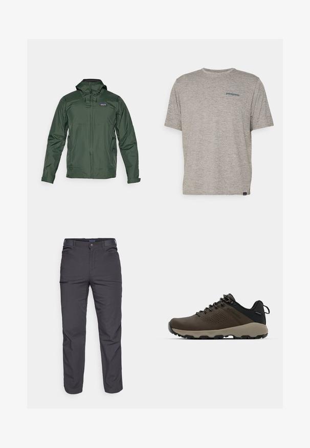 Grønn lett regnjakke med hette, frontglidelås og sidelommer. Har en glatt tekstur og ventilasjonsdetaljer.; Grå kortermet t-skjorte laget av mykt, teksturert stoff med en liten blå Patagonia-logo på venstre bryst. Ingen ekstra mønstre.; Mørkegrå bukser laget av slitesterkt stoff, med glidelåslomme, rett snitt og beltestropper for justerbar passform.; Brune vanntette joggesko med teksturert overdel, perforerte detaljer, svart hæl støtte og en grå gummisåle. Snøring er stilisert med metalliske ender.