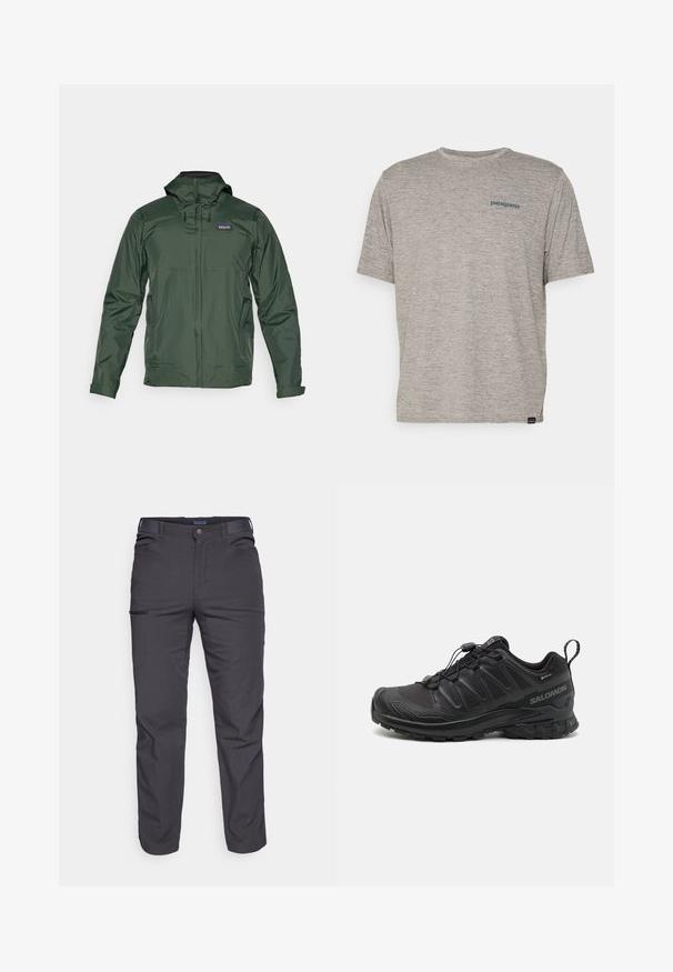 Grønn lett regnjakke med hette, frontglidelås og sidelommer. Har en glatt tekstur og ventilasjonsdetaljer.; Grå kortermet t-skjorte laget av mykt, teksturert stoff med en liten blå Patagonia-logo på venstre bryst. Ingen ekstra mønstre.; Mørkegrå bukser laget av slitesterkt stoff, med glidelåslomme, rett snitt og beltestropper for justerbar passform.; Svart sportsko med en teksturert syntetisk overdel, polstret såle og et hurtiglenkesystem. Har forsterket tå og hæl.
