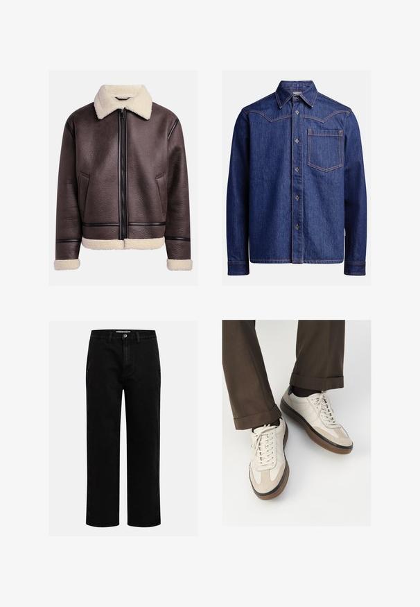 Hnedá kožená bunda s ovčím golierom a manžetami, so zipsom vpredu a bočnými vreckami. Textúrovaný povrch s kontrastnými koženými doplnkami.; Tmavomodrá riflová košeľa s dlhým rukávom, so špicatým golierom, predným zapínaním na gombíky, náprsného vrecka a kontrastným oranžovým prešívaním.; Krémové bavlnené tričko s krátkymi rukávmi, s okrúhlym výstrihom doplneným námorníckymi a bielymi pruhmi. Hladká textúra, voľný strih.; Čierne džínsové nohavice so strihom rovného nohu, klasickým dizajnom s piatimi vreckami a gombíkovým zapínaním v páse. Hladká textúra a odolná tkanina.; Béžové tenisky s textúrovanou zamšovou prednou časťou, hladkými koženými bočnými stranami a hnusou gumovou podrážkou. Obsahujú šnúrky a svetlé stehy ako detail.