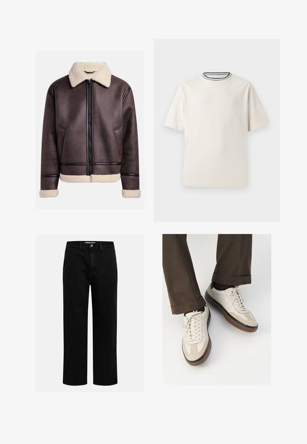 Braune Lederjacke mit einem Lammfellkragen und -bündchen, versehen mit einem Frontreißverschluss und seitlichen Taschen. Strukturiert Oberfläche mit kontrastierenden Lederelementen.; Cremefarbendes Baumwoll-T-Shirt mit kurzen Ärmeln, das über einen runden Halsauschnitt mit navy- und weißen Streifen verfügt. Glatte Textur, lässige Passform.; Schwarze Jeanshose mit geradem Schnitt, klassischem Fünf-Taschen-Design und einem Knopfverschluss an der Taille. Glatte Textur und strapazierfähiger Stoff.; Beige Sneakers mit einer strukturierten Wildlederfront, glatten Lederseiten und einer braunen Gummisohle. Bändel und helle Nähdetails sind enthalten.