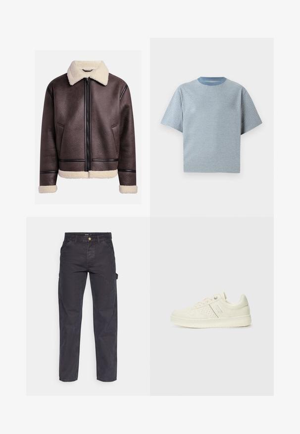 Giacca di pelle marrone con collare e polsini in shearling, dotata di una zip frontale e tasche laterali. Superficie testurizzata con accenti in pelle a contrasto.; Maglietta a righe azzurro chiaro e bianca, maniche corte, scollatura rotonda, realizzata in morbido cotone, con una vestibilità comoda.; Pantaloni cargo grigio scuro realizzati in tessuto resistente, con un taglio dritto, cinque tasche e chiusura a bottoni in vita.; Sneaker color crema con dettagli perforati, lacci e logo sul lato, esposta su uno sfondo bianco semplice.