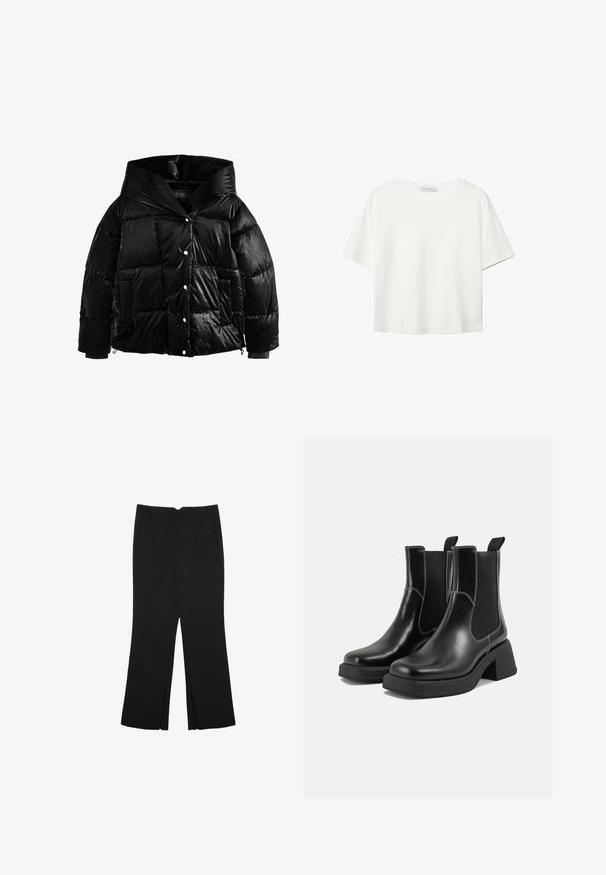 Črna puffer jakna z sijočo površino, oversized kapuco, gumbnim zapiranjem, velikimi kvadratnimi delnimi in stranskimi žepi. Teksturovana tkanina.; Bela kratka majica s kratkimi rokavi iz bombaža. Ima okroglo izrezovanje in sproščen kroj. Gladka tekstura brez vidnih vzorcev ali poudarkov.; Črne hlače ravnega kroja z naglavnimi žepi in stranskimi razporki na robu. Narejene iz mehke, gladke tkanine. Primerne za različne priložnosti.; Črne usnjene Chelsea škornje s širokim petami, elastičnimi stranskimi ploščami in kontrastnim belim šivanjem. Teksturirana površina.