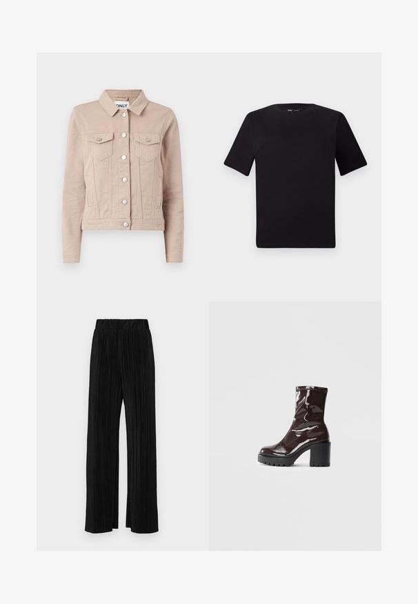Világos bézs farmerdzseki gallérral, ezüst gombokkal, két mellzsebbel és szűkített fazonnal. Texturált anyag.; Fekete, rövid ujjú póló, kerek nyakkal, puha pamutból készült. Egyszerű dizájn, nincs látható logó vagy minta.; Fekete pliszírozott nadrág gumis derekkal. Széles lábakkal rendelkezik, sima, texturált anyagból készült, függőleges csíkokkal.; Fényes bordó bokacsizma vastag fekete sarokkal, sima felülettel és egyszerű dizájnnal. Nincsenek látható zárak vagy minták.