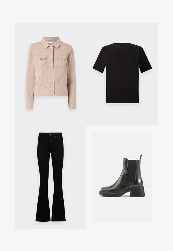 Light beige denim jacket with a collar, silver buttons, two chest pockets, and a fitted shape. Textured fabric.; Black short-sleeve t-shirt with a round neckline, crafted from soft cotton fabric. Simple design, no visible logos or patterns.; Black high-waist jeans with a button and zip closure, front pockets, and flared legs laid flat on a white background.; Black leather ankle boots with a smooth finish, elastic side panels, and a chunky heel. Features a pull tab for easier wear.