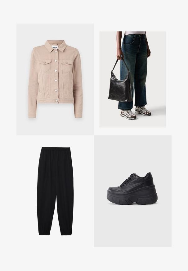 Hele beež džinsjak kraega, hõbedaste nuppudega, kahe rinna taskuga ja kitsas lõige. Tekstuuriga kangas.; Mustmust särk, mis on valmistatud puuvillast, lühikeste varrukatega, valge pika varrukaga kihi peal, millel on peene tekstuuriga muster. Ümar kaelus.; Mustad, kerge kangas püksid elastse vöökoha ja kokku volditud pahkluudega. Kanga pind on sile ja disain on lõdvestunud, kitsenev.; Mustad mustaga värvi kingad, millel on paks tald, sile nahk peals, ümar nina ja eristuva kihilise platvormi disain.; Must musta õlakott, millel on sile tekstuur ja reguleeritav rihm, koos pleekinud laia jalgadega teksade ja sportlike tossudega.