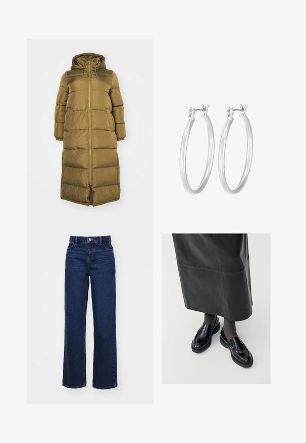 Vero Moda Curve VMCKLEA LONG COAT - Talvemantel - capers; Valge pika varrukaga T-särk, mis on valmistatud pehmest puuvillast. Omab ümmargust kaelust ja liibuvaid varrukaid. Sile tekstuur ja lihtne disain.; Tumed sinised, kõrge vöökohaga laiad teksapüksid, millel on viis taskut, metallist nupu kinnitamine ja kerge kulumine. Valmistatud denimist.; Mustad nahast loafertossud sileda pinnaga, dekoratiivse rihma, ümarate varvaste ja tekstuuriga tallaga. Kanda pikkade mustade nahkseelikutega.; Hõbedased rõngaskõrvarõngad, millel on sile, läikiv viimistlus. Ümmargune kuju ja turvaline klõpsulatus. Kerge disain, sobib igapäevaseks kandmiseks.