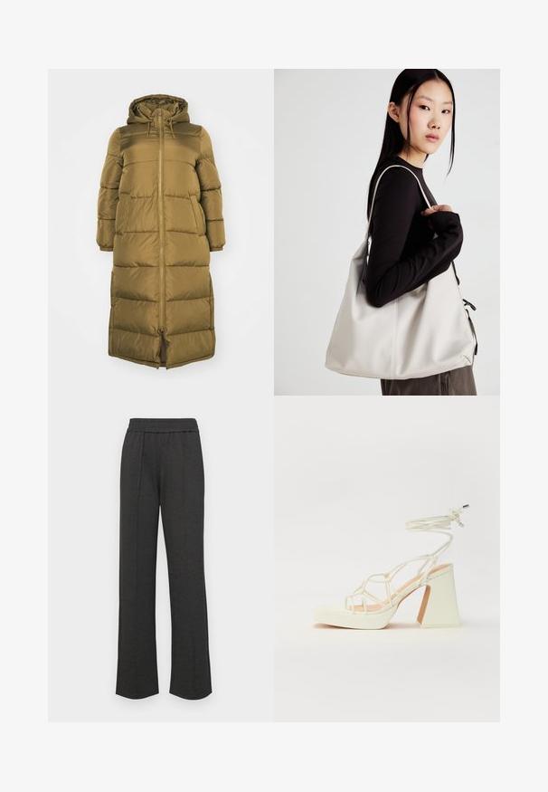 Vero Moda Curve VMCKLEA LONG COAT - Casaco de inverno - capers; Top branco sem mangas com decote redondo. Feito de um tecido liso, apresenta um corte descontraído e um design minimalista. Sem padrões ou detalhes.; Calças retas pretas com uma cintura elástica, pregas frontais, tecido macio e sem padrões ou detalhes em metal visíveis.; Sandálias brancas de salto alto com um salto robusto, apresentando um design com tiras e amarração no tornozelo. Textura suave com uma plataforma na frente para altura adicional.; Uma bolsa bege feita de material macio, com um design descontraído, detalhes de costura e duas alças para o ombro. Adequada para uso diário.