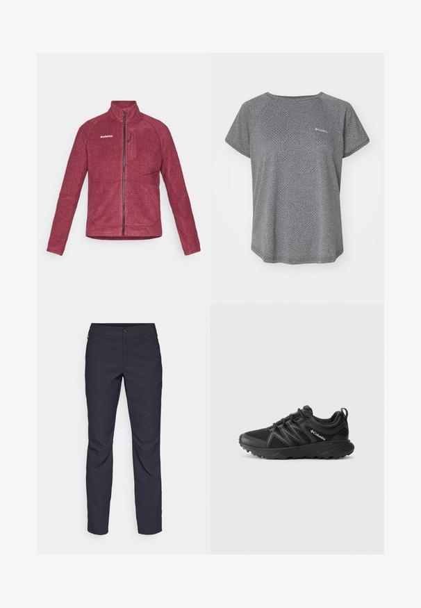 Maroon fleece jacket with a high collar, zip front, and a chest pocket. Features flat seams and a logo on the upper left side.; Gray short-sleeve shirt featuring a subtle textured pattern, round neckline, and Columbia logo on the chest. Soft fabric, relaxed fit.; Navy blue pants made of smooth fabric, featuring a front button closure, slim-fit design, and creased detailing at the knees.; Columbia PEAKFREAK - Hiking shoes - black