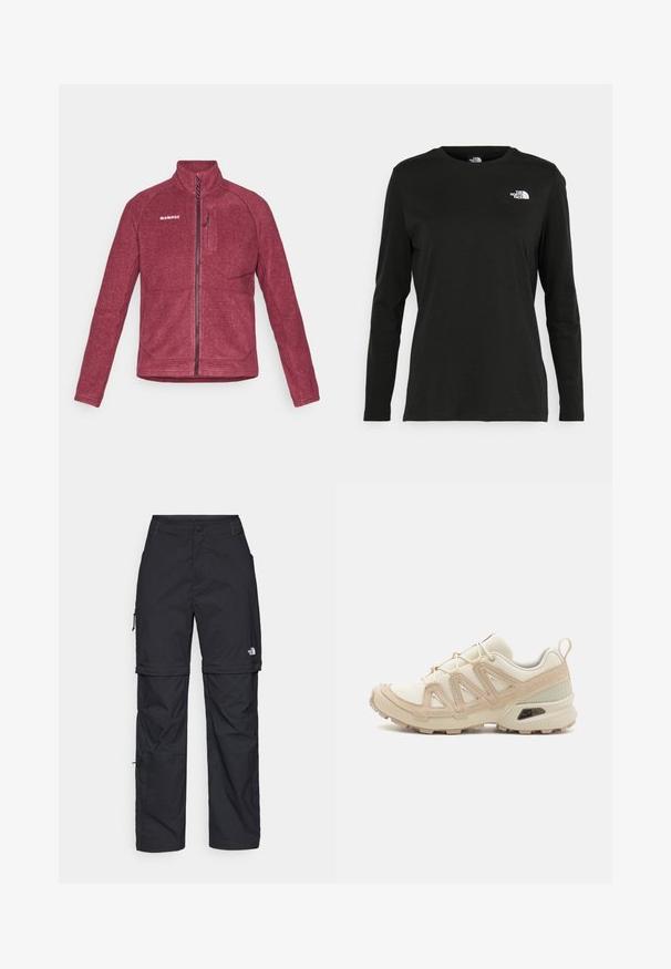 Bordo flis jakna s visokim ovratnikom, patentnim zatvaračem sprijeda i džepom na prsima. Ima ravne šavove i logo na gornjoj lijevoj strani.; Crni dugih rukava majica od pamuka s okruglim izrezom. Ima mali bijeli logo na lijevoj strani prsnog područja. Jednostavan dizajn i kroj.; Crne najlon hlače s munjevim zatvaranjem, odvojive cargo hlače s podesivim manžetama, brojnim džepovima i logom na desnoj nozi. Glatka, lagana tekstura.; Bež i kremasti sportski tenisice s teksturiranim mrežastim gornjim dijelom, potpornih preklopa i gumeni potplat s uzorcima za prianjanje.