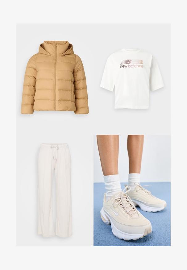 Tommy Hilfiger Curve CASUAL HOOD JACKET - Dunjakker - classic khaki; Hvid kortærmet T-shirt lavet af bomuld med en gradientlogo i pink og grå samt teksten "new balance" under logoet.; Lys beige brede bukser med elastisk talje og snor. Fremstillet af blødt materiale med lodrette sømme, der løber ned ad forsiden.; Beige sportsko med en struktureret overdel, hvide snørebånd og en tyk hvid sål. Designet har subtile kurver og et lille logo.