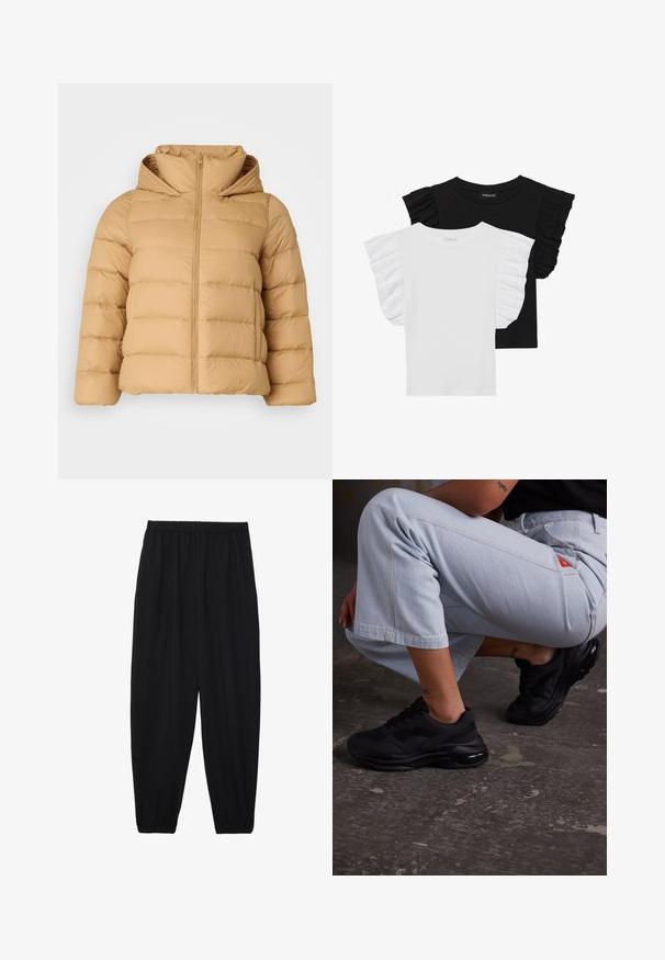 Tommy Hilfiger Curve CASUAL HOOD JACKET - Jachetă cu puf - classic khaki; Două tricouri cu mânecă scurtă: unul negru cu mâneci volan, unul alb cu mâneci volan. Ambele sunt fabricate dintr-un material ușor din bumbac.; Pantaloni negri, ușori, cu un brâu elastic și tivuri strânse. Materialul este neted și are un design relaxat, conic.; Pantofi sport negri cu un superior texturat, talpă groasă și amortizare cu aer. Asortați cu pantaloni scurți de un albastru deschis, într-o postură casual.