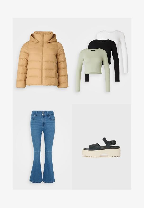 Tommy Hilfiger Curve CASUAL HOOD JACKET - Dunjakker - classic khaki; Even&Odd Petite 3 PACK - Langærmet T-shirt - black/white/light green; Blå denim flared jeans med høj talje, der har dobbelte knaplukninger og to frontlommer. Glat tekstur, minimal falming.; Sorte ruskinds platform sandaler med en kraftig hvid sål, bred frontrem og justerbar ankelrem. Tekstureret ydersål for godt greb.