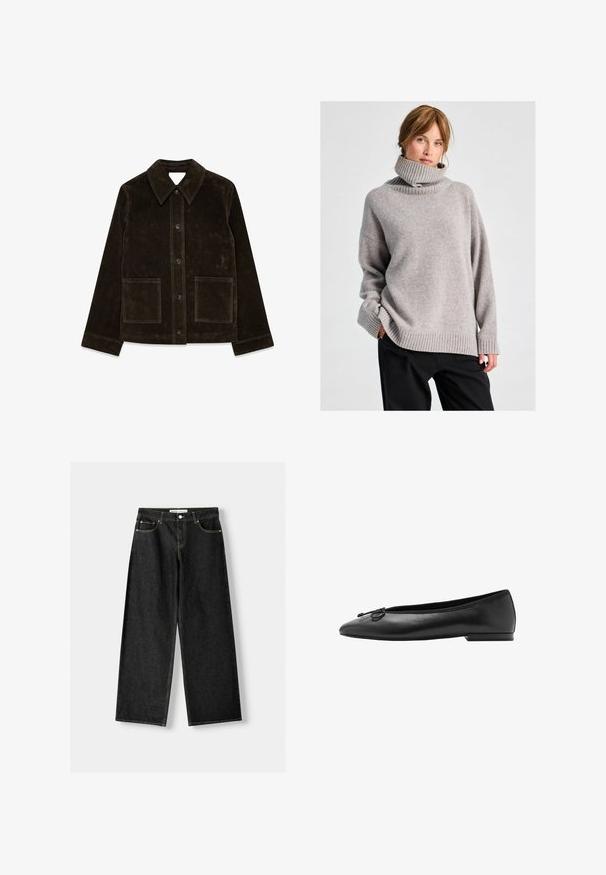 Hnedá semišová bunda s veľkým golierom, predným zapínaním na gombíky a dvomi náprsné vreckami. Má textúrovaný povrch a prispôsobený strih.; Žena so svetlo hnedými vlasmi, oblečená v voľnom šedom roláku a čiernych nohaviciach, stojí na pozadí jasného svetlého pozadia.; Čierne denimové nohavice s širokými nohavicami, ktoré majú päť vreciek, kovový gombík a zips na zapínanie, a kontrastné žlté švy pozdĺž švov.; Čierne kožené baletky s okrúhlym prstom, štíhlym siluetom a dekoratívnou mašľou na prednej strane. Nízky, obdĺžnikový opätok.