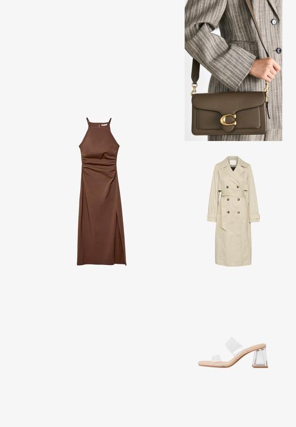 Beige trenchcoat med dubbelknäppning, bälte i midjan och stora slag. Tyget har en slät textur; har uppvikt ärm.; Stradivarius HALTER  - Fodralklänning - dark brown; Transparent klacksandaler med två klara remmar, en beige bas och en geometrisk klar blockklack. Minimalistisk design med en slät yta.; COACH TABBY SHOULDER BAG 26 - Handväska - dark stone