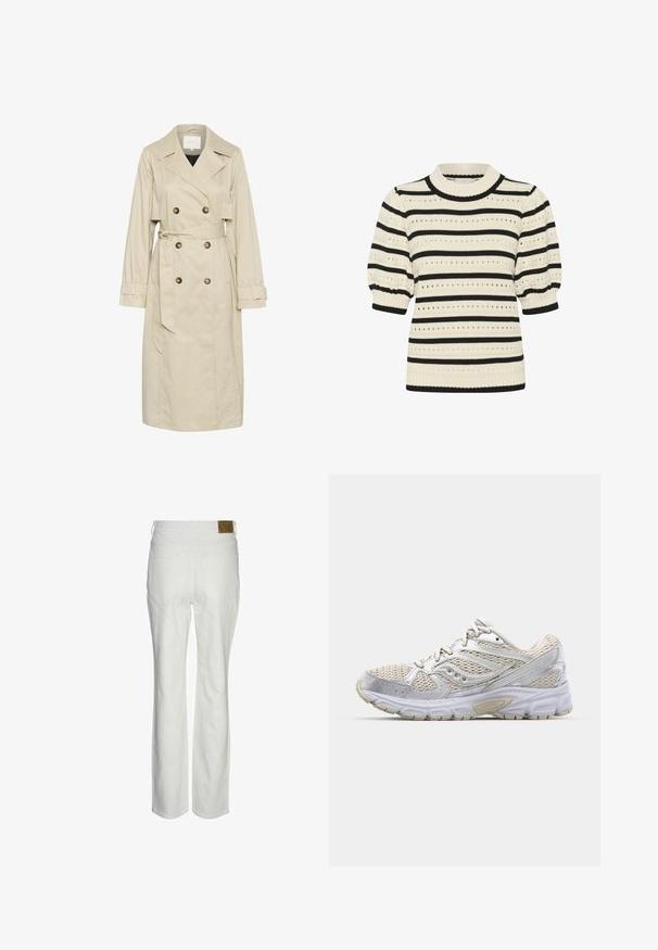 Trench coat beige con bottoni doppi, vita con cintura e grandi risvolti. Il tessuto ha una texture liscia; presenta polsini arrotolati.; Maglione a maglia con strisce orizzontali crema e nere, maniche a palloncino corte, scollatura a coste e motivi ad occhiello in tutto il capo.; Pantaloni bianchi a vita alta realizzati in misto cotone. Presentano una vestibilità dritta, due tasche posteriori e un'etichetta marrone con il marchio sulla vita.; Scarpa da corsa leggera con tomaia in rete bianca e dettagli argentati, suola ammortizzata e suola in gomma testurizzata per una buona presa.