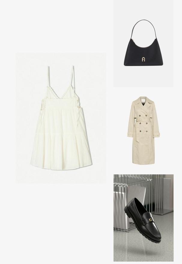Palton bej dintr-un material ușor, cu un design dublu-bottonat, butoane mari și un curea de talie legată. Mâneci lungi și guler clasic.; Rochie albă, fără mâneci, cu baretă ajustabilă, dintr-un material texturat și volane în straturi la tiv. Accente de croșetă detaliate la decolteu.; Loafers din piele neagră cu o cusătură ridicată, logo de accent auriu și curea texturată. Au o talpă din cauciuc groasă și durabilă.; Geantă din piele neagră cu o formă curbată, mânere scurte, accesorii aurii și un fermoar superior. Include un accent cu logo în față.