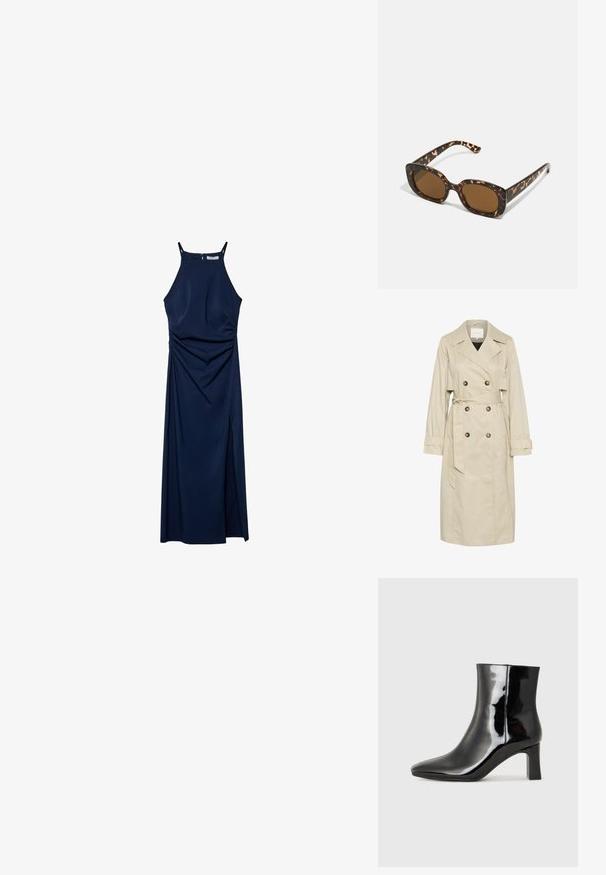 Trench coat beige realizzato in tessuto leggero, con design doppiopetto, grandi bottoni e cintura in vita da annodare. Maniche lunghe e colletto classico.; Abito senza maniche blu navy con corpino aderente, dettagli drappeggiati sui lati e una fessura laterale. Tessuto liscio e chiusura con zip sul retro.; Stivaletto in pelle verniciata nera con punta a punta e tacco a blocco di altezza media. Texture liscia e design minimalista.; Occhiali da sole in tartaruga con una montatura rotonda e voluminosa e lenti marroni. Presentano delicati motivi e bracci dritti e affusolati.; Borsa nera con forma strutturata, texture liscia e una chiusura metallica. Abbinata a pantaloni neri larghi e sandali open-toe su un pavimento in legno.