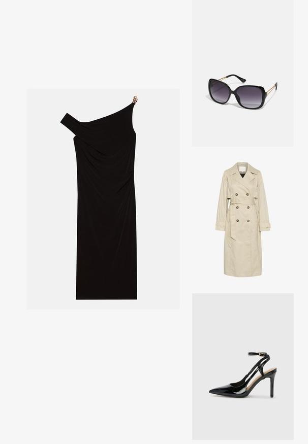 Beżowy trencz wykonany z lekkiego materiału, z podwójnym zapięciem, dużymi guzikami i wiązanym paskiem w talii. Długie rękawy i klasyczny kołnierz.; Czarna sukienka na jedno ramię wykonana z drapowanej tkaniny, z złotym akcentem na ramieniu, gładką fakturą i długością do kolan.; Czarne lakierowane buty na wysokim obcasie typu slingback z wysmuklonym noskiem, regulowanym paskiem na kostce i otwartymi bokami. Gładka faktura.; Czarne oversize okulary przeciwsłoneczne z gradientowymi soczewkami, grubymi oprawkami i złotym łańcuszkiem na ramionach.; Czarna torebka o usztywnionym kształcie, gładkiej fakturze i metalowym zapięciem. Połączona z szerokimi czarnymi spodniami i sandałami na otwartym palcu na drewnianej podłodze.