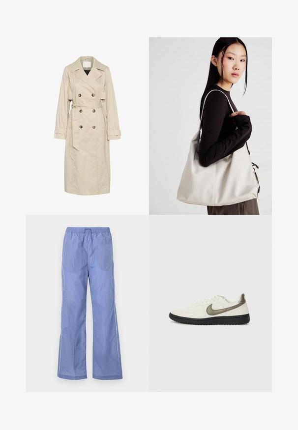 Beige Trenchcoat aus leichtem Stoff, mit einem doppelt knöpfbaren Design, großen Knöpfen und einem gebundenen Taillengürtel. Lange Ärmel und klassischer Kragen.; Weißes ärmelloses Top mit rundem Ausschnitt. Hergestellt aus glattem Stoff, hat es einen lässigen Schnitt und minimalistisches Design. Keine Muster oder Akzente.; Blaue leichte Hose mit elastischem Bund, locker sitzend und mit seitlichen Paspeln. Hergestellt aus glattem, strapazierfähigem Material.; Nike Sportswear FIELD GENERAL - Sneaker low - off-white/black; Beige Handtasche aus weichem Material, mit einem lässigen Design, gesteppten Details und zwei Schulterriemen. Geeignet für den täglichen Gebrauch.