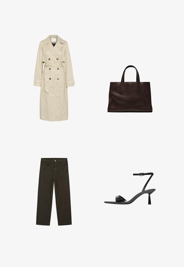 Beige trench coat made of lightweight fabric, featuring a double-breasted design, large buttons, and a tied waist belt. Long sleeves and classic collar.; Brown cotton t-shirt, short sleeves, crew neckline, relaxed fit, smooth texture, minimalistic design, no visible patterns or accents.; Dark green wide-leg jeans made of cotton blend, featuring a front button closure, five pockets, and classic denim stitching.; Bershka High heeled sandals - black; Brown leather tote bag with two elongated handles, structured rectangular shape, smooth texture, and subtle stitching details.