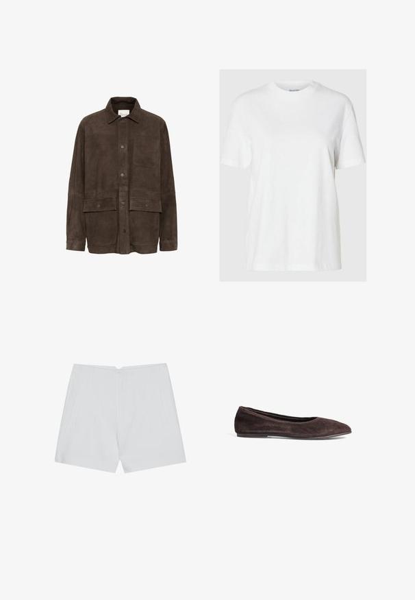 My Essential Wardrobe OLLY - Īss mētelis - delicioso; Balts kokvilnas t-krekls ar īsām piedurknēm un apaļu kakla izgriezumu. Iezīmē relaksētu piegriezumu un minimālu dizainu bez rakstiem vai akcentiem.; Baltas šorts ar pielāgotu dizainu, plakanu priekšpusi, divām sānu kabatām un tīru apdari. Izgatavoti no gludas auduma bez redzamām rakstām.; Brūni zamša deju kurpes ar smailu purngalu un zemu profilu. Īpaši ar gludu tekstūru un minimālistisku dizainu. Nav redzamu detaļu vai akcentu.