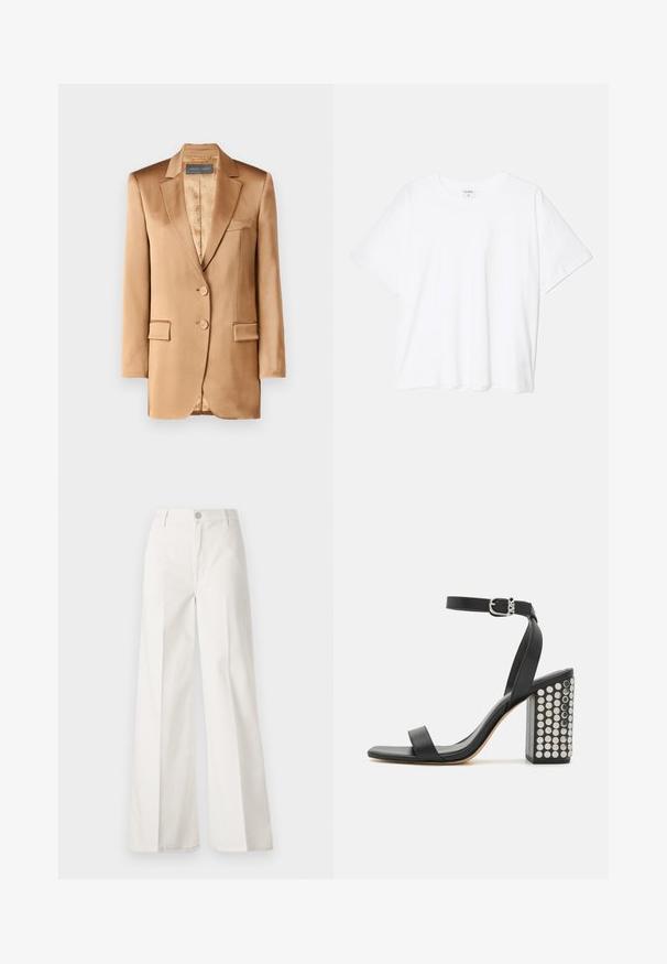 Heled blazeri heleda pruunis toonis, millel on märgistatud krae, kaks esipokka ja kaks nööpi. Vooder on kaunistatud mustriga.; Valge puuvillane T-särk lühikeste varrukatega, ümmargune kaelus, mugav lõige ja õmmeldud serv. Silt nähtav kaela seest.; Valged laiade jalgadega püksid, mis on valmistatud siledast puuvillast. Omab esitallist ning lukuga sulgemist ja nelja tasku disaini.; Mustad nahast kõrged sandaalid pahkluu rihmaga. Omavad ruudukujulist varbaosa, siledat tekstuuri ja ruudukujulist plokknõela, mis on kaunistatud hõbedaste nööpidega.