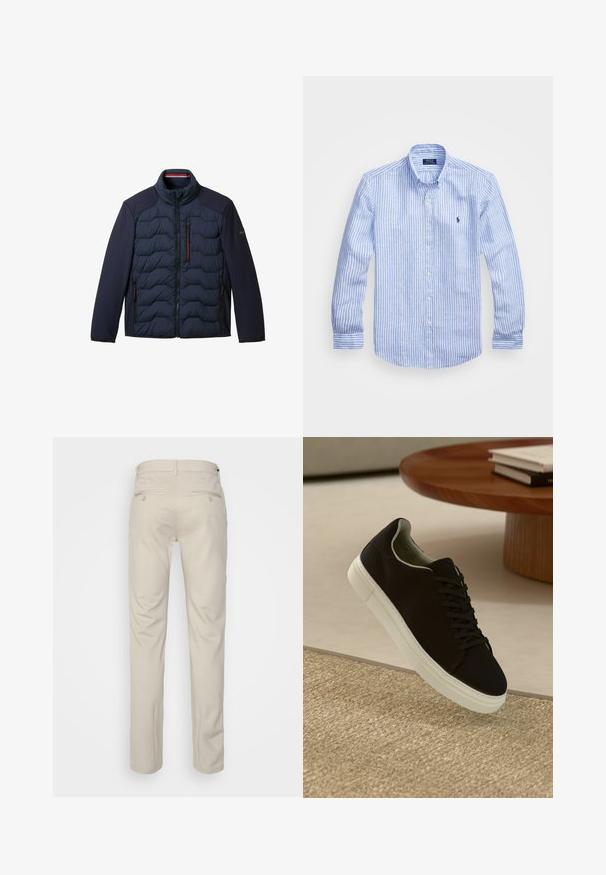 Granatowa kurtka puchowa z wysokim kołnierzem, pikowanym przodem i gładkimi panelami bocznymi. Posiada dwie kieszenie boczne na zamek oraz kieszeń na zamek na klatce piersiowej.; Niebiesko-biała, w paski, koszula z długim rękawem, wykonana z bawełny, z kołnierzykiem zapinanym na guziki, guzikami z przodu oraz małym haftowanym logo na klatce piersiowej.; Beżowe spodnie o gładkiej fakturze, prostym kroju, z dwiema tylnymi kieszeniami z guzikami i standardowym pasem.; Czarny sneaker z białą podeszwą unoszący się nad beżowym, teksturowanym dywanem w pobliżu okrągłego drewnianego stołu z poukładanymi książkami.