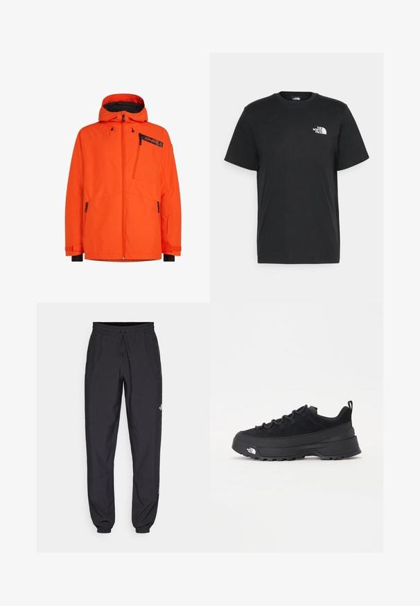 Veste imperméable orange avec capuche, dotée de poches zippées, de poignets élastiques et d'un logo de marque noir. Texture lisse et design moderne.; T-shirt en coton noir à manches courtes, col rond, avec un petit logo blanc sur la poitrine gauche. Design simple, texture lisse et coupe décontractée.; Pantalon de sport noir en tissu léger, avec une taille à cordon, des poches latérales et des chevilles resserrées.; Baskets de plein air noires avec une tige en daim, semelle en caoutchouc texturé et un système de laçage robuste. Comprend un talon renforcé et un logo de la marque sur le côté.