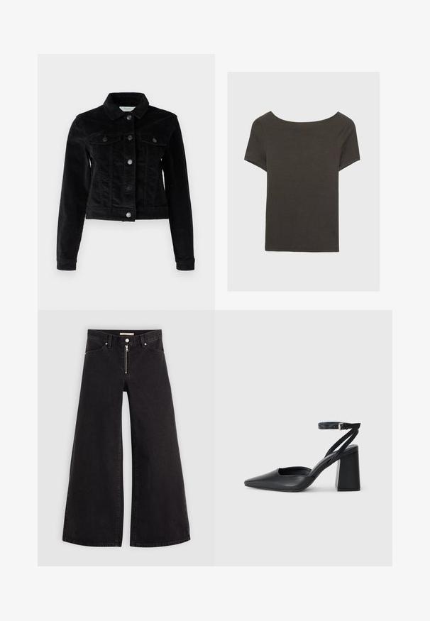 Noisy May NMDEBRA - Jas - black; Donkergrijze top met korte mouwen en een bootnek. Gemaakt van ribbelstof, met een relaxte pasvorm en een nette zoom. Eenvoudig ontwerp, geen patronen.; Wijdvallende jeans van zwarte denim met een ritssluiting aan de voorkant, vijf zakken en subtiele stikdetails. Soepele textuur en casual stijl.; Zwarte leren puntige pump met een enkelbandje en een chunky hak. Vlakke textuur, strakke vormgeving en minimalistische esthetiek.