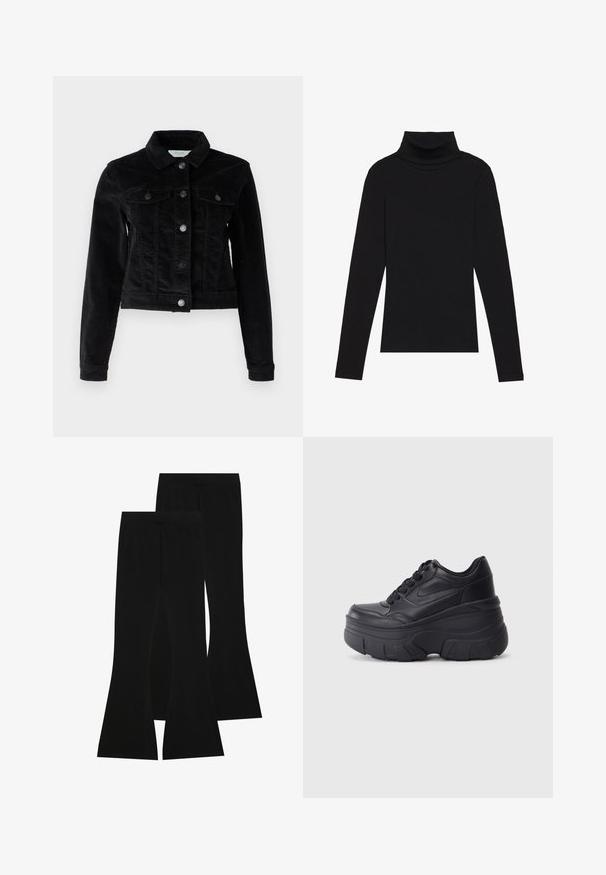 Noisy May NMDEBRA - Lengva striukė - black; Juoda turtleneko ilgo rankovės viršutinė dalis, pagaminta iš raukšlėtos medžiagos, turi prigludusią formą, aukštą apykaklę ir neturi jokių raštų ar akcentų.; Juodi platėjančių kojų džinsai, pagaminti iš elastingos medžiagos, turintys aukštą liemenį ir lygią tekstūrą, su prigludusia forma, kuri plinta nuo kelio.; Juodi lakuoti sportbačiai su masyviu padu, turintys sklandų odinį viršų, suapvalintą pirštą ir išskirtinį sluoksniuotą platformos dizainą.