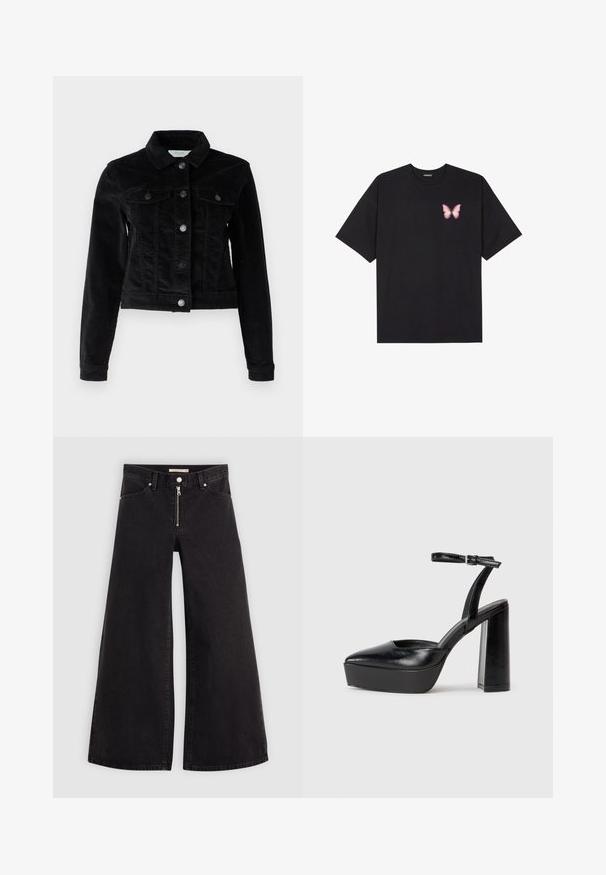 Noisy May NMDEBRA - Light jacket - black; Black cotton t-shirt with short sleeves, featuring a small pink butterfly graphic on the left chest. Crew neck design with a relaxed fit.; Wide-leg jeans in black denim with a zippered front, five-pocket design, and subtle stitching details. Smooth texture and casual style.; Black platform heels with a pointed toe and adjustable ankle strap. Constructed from smooth leather, featuring a chunky block heel.