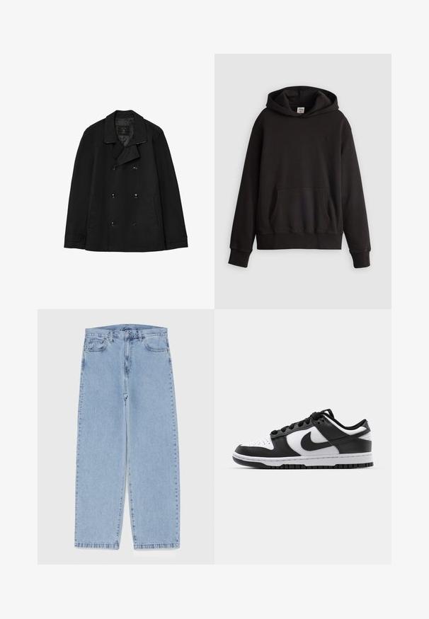 Peacoat nero doppiopetto realizzato in un tessuto liscio e leggero. Caratterizzato da grandi bottoni, un ampio colletto e due tasche frontali.; Hoodie nero di Levi's con tasca a marsupio frontale e un logo ricamato discreto sul petto, esposto su uno sfondo chiaro e semplice.; Jeans in denim azzurro chiaro con design a gamba dritta, caratterizzati da una vita media, cinque tasche e chiusura con bottone e zip.; Sneakers Nike Dunk in bianco e nero con tomaia in pelle, punta perforata, lacci neri e suola in gomma nera con design della tacco.