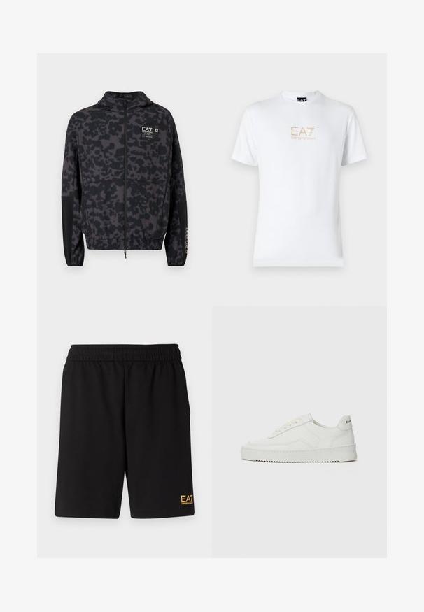 Čierna kapucňová bunda s šedým abstraktným vzorom. Má zips, elastické manžety a vyšitý logo na hrudi.; Biela bavlnená tričko s okrúhlym výstrihom a krátkymi rukávmi, na prednej strane s potlačou zlatého loga EA7 Emporio Armani.; Čierne športové šortky vyrobené z jemného materiálu, s elastickým pásom a malým žltým logom EA7 na dolnej ľavej nohe.; Biele kožené tenisky s hladkým povrchom, okrúly špičkový dizajn, ploché šnúrky a textúrovaná podrážka. Obsahujú jemné logo na päte.
