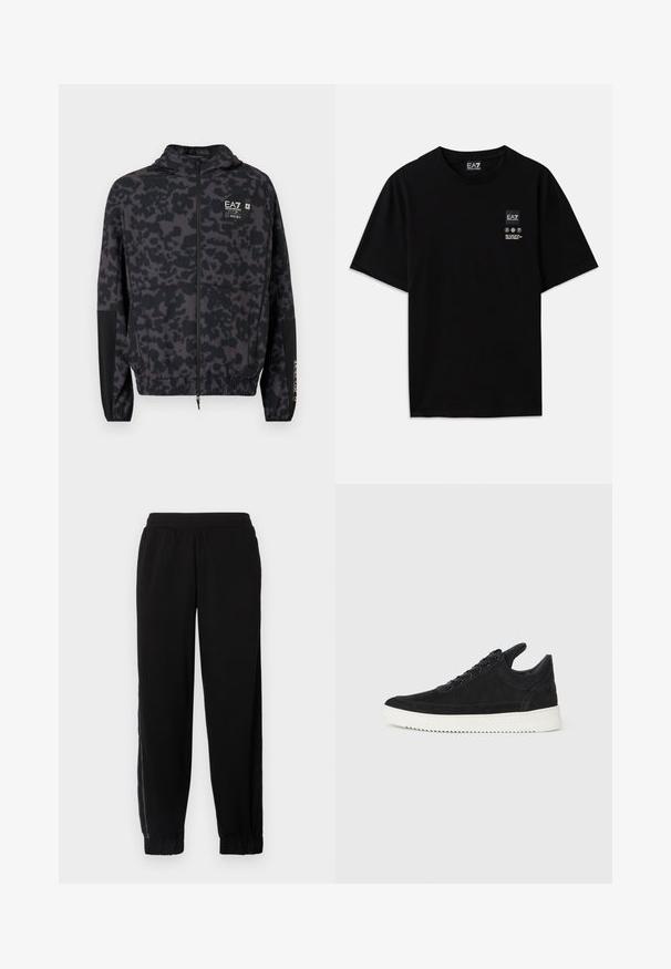 Melnas kapucēta jaka ar pelēku abstraktu rakstu. Aprīkota ar rāvējslēdzēju, elastīgām aprocēm un zīmola logotipu uz krūts.; Melnas kokvilnas T-krekls ar īsām piedurknēm, apaļo kakla izgriezumu un nelielu logotipa birku priekšpusē ar baltiem apzīmējumiem par kopšanu.; Melni sporta bikses, izgatavotas no mīkstas auduma, ar elastīgu jostasvietu, ar piedurkņu malām un sānu sietu paneļiem papildu ventilācijai.; Melna zamša apavi ar baltu gumijas zoli, ar tonālu izšuvumu un auklu dizainu. Gluda tekstūra ar mūsdienīgu, plūstošu formu.