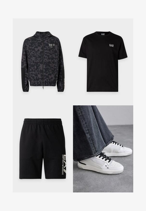 Hettejakke i svart med et grått abstrakt mønster. Har glidelås i front, elastiske mansjetter og et merke på brystet.; Svart bomull t-skjorte med korte ermer, rund hals og liten hvit EA7-logo på venstre bryst. Glatt tekstur, vanlig passform.; EA7 Emporio Armani TRAIN VISIBILITY - Shorts - black/cream; Hvite sneakers med svarte lisser og mesh-detaljer. Har en glatt læroverdel og en teksturert gummisåle. Kombinert med vide gråjeans.