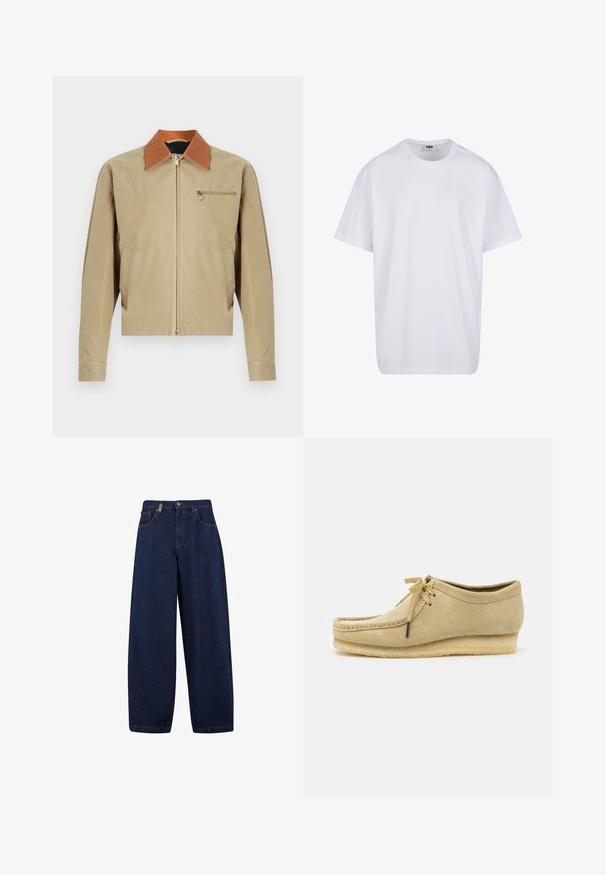 Beige zip-up jacket with brown collar, long sleeves, two side pockets, and a small zip pocket with gold medallion charm on the chest.; White cotton t-shirt with short sleeves, rounded neckline, relaxed fit, and no visible logos or patterns. Smooth texture and minimal design.; Loose-fit dark blue denim jeans with a high waist, front pockets, and straight leg design. Includes silver-tone hardware and minimal stitching.; Beige suede shoe with a lace-up design, stitched detailing, and a rubber sole. The shape is casual with a slight wedge heel.