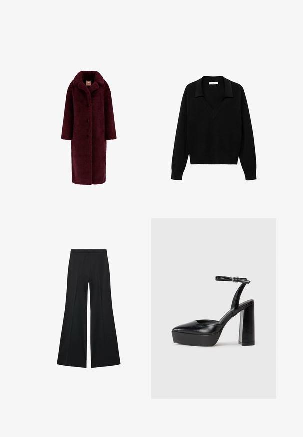 Guess Klasický kabát - bordeaux; Černý svetr s V-výstřihem a límcem. Vyroben z měkké tkaniny, má dlouhé rukávy a volný střih.; Černé kalhoty s širokými nohavicemi a hladkou texturou, s předními sklady a přizpůsobeným střihem. Materiál je lehký a splývavý.; Černé platformové podpatky s špičatou špičkou a nastavitelným kotníkovým popruhem. Vyrobeny z hladké kůže, s masivním blokovým podpatkem.