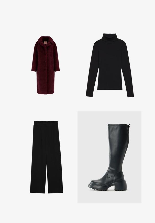 Guess Klassisk frakke - bordeaux; Sort højhalset bluse med lange ærmer, lavet af ribbet stof, har et tætsiddende design med en høj krave og uden mønstre eller detaljer.; Sorte brede bukser med en rynket talje, der har to sidelommer og et glat, let stof. Ingen synlige mønstre eller hardware.; Høj sort læderstøvle med kraftig platformssål og blokhæl, med trækstrop og tekstureret sål.