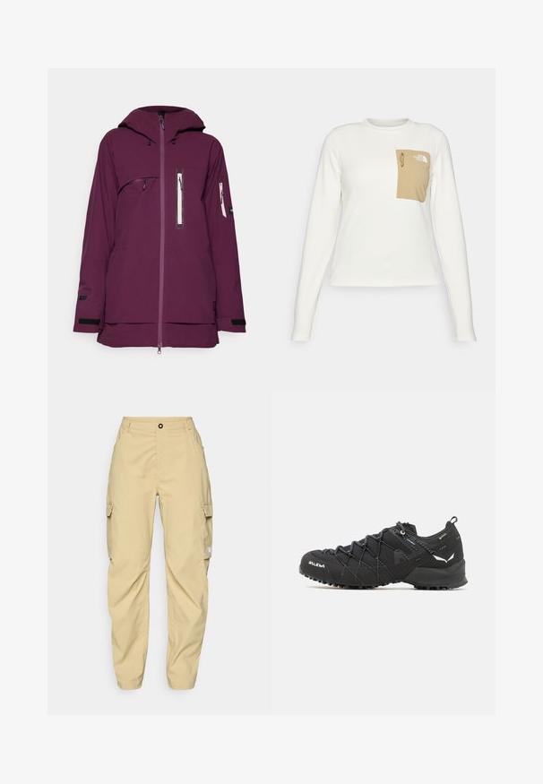 Lilla vandtæt jakke med hætte, frontlynlås og flere lynlåslommer. Har justerbare manchetter og en længere bagkant.; Hvid langærmet skjorte lavet af tekstureret stof med en beige lomme i patch-format, der har en snor og logo.; The North Face EXPLORATION CARGO PANTS - Outdoorbukser - khaki stone; Sorte vandresko med en tekstureret stofoverdel, snøresystem og robust gummisål. Accenteret med reflekterende detaljer og logoer.