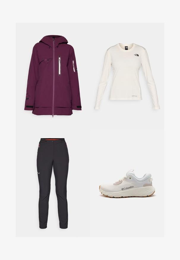 Violeta ūdensnecaurlaidīga jaka ar kapuci, priekšējo rāvējslēdzi un vairākām rāvējslēdzēja kabatām. Iekļauj regulējamus piedurkņu galus un garāku muguras apakšdaļu.; The North Face SHADOW LONG SLEEVE - Tops ar garām piedurknēm - white dune; Salewa PEDROC PANT - Āra bikses - black out; Viegls Columbia sporta apavs baltā sietā ar teksturētu pelēku zoli un gumijas saķeri. Iespējas ietver polsterētu apkakli un saistīšanas dizainu.
